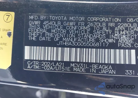 2005 Lexus Es 330 z USA, uszkodzony, nr VIN JTHBA30G055068117